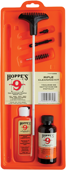 Picture of Hoppe's No. 9 Cleaning Kits, Rifle & Shotgun Cleaning Kit - All Calibers, With 3-Piece Steel Rod, 2 oz. Bottle Cleaning Solvent & 2.25 oz. Lubricating Oil, Clamshell, No Brushes, Universal