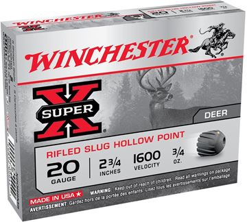 Picture of Winchester Super-X Slugs Shotgun Ammo - 20Ga, 2-3/4", 3/4oz, Rifled Slug Hollow Point, 5rds Box, 1600fps