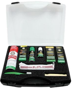 Picture of Ballistol, Gun Care Cleaning Set - Gun Oil 50 mL, Balsin Gun Stock Oil 50mL, Quick Browning 50mL, Cold Degreaser Spray 50mL, Robla Solo Barrel Cleaner 65mL, Ballistol Spray 200mL, w/ Cleaning Tools & Case