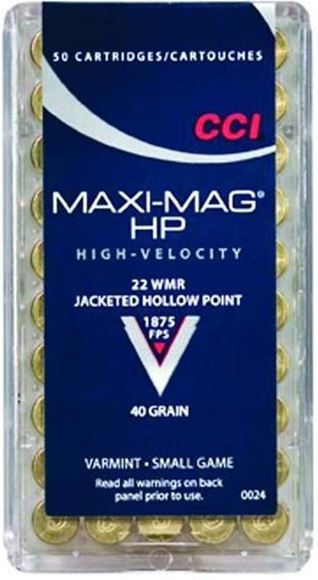 Picture of CCI Varmint Rimfire Ammo - Maxi-Mag, 22 WMR, 40Gr, JHP, 50rds Box, 1875fps