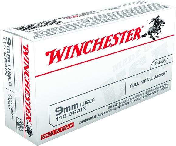 Picture of Winchester Q4172 Pistol Ammo 9MM FMJ, 115 Gr, 1190 fps, 50 Rnd, Boxed