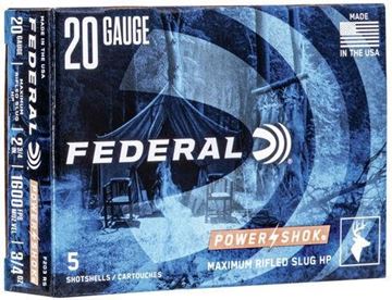 Picture of Federal Power-Shok Shotgun Ammo - 20Ga, 2-3/4", Max DE, 3/4oz, Rifled Slug HP, 5rds Box