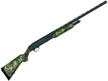 Picture of Mossberg 500 Hunting All Purpose Field Pump Action Shotgun - 12Ga, 3", 28", Vented Rib, Ported, Matte Blued, Wooland Camo Synthetic Stock, 5rds, Twin Bead Sights, Accu-Set