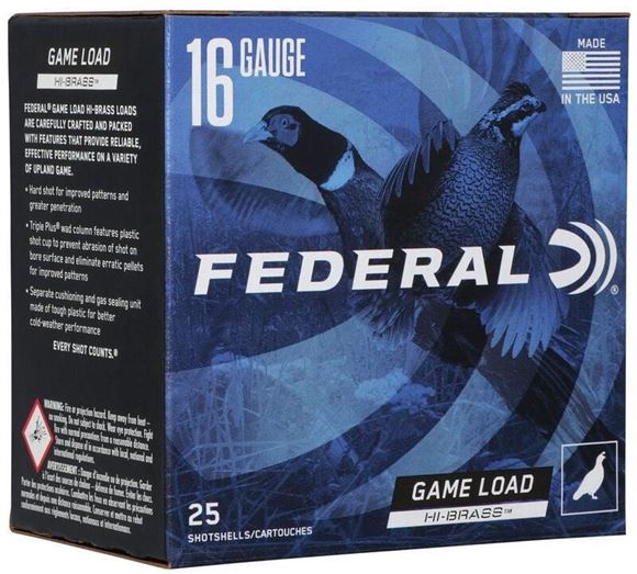 Picture of Federal Game Load Hi-Brass Load Shotgun Ammo - 16Ga, 2-3/4", 3-1/4DE, 1-1/8oz, #6, 25rds Box, 1295fps