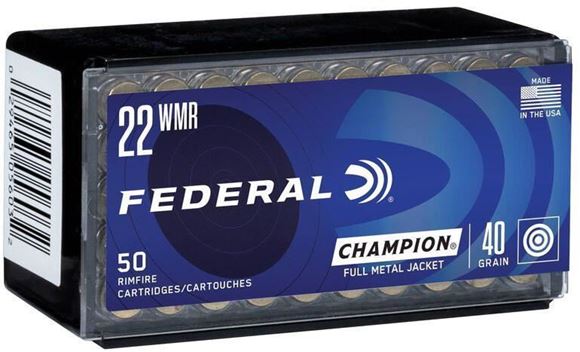 Picture of Federal 737 Champion Rimfire Rifle Ammo 22 WMR, FMJ, 40 Grains, 1880 fps, 50 Rounds, Boxed