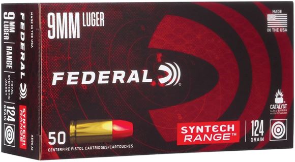 Picture of Federal AE9SJ2 American Eagle Syntech Pistol Ammo 9MM 124Gr 1050fps, Total Synthetic Jacket 50 Rnd Per Box