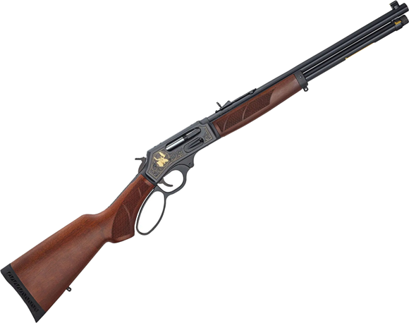 Picture of Henry Steel Wildlife Edition Side Gate Lever Action Rifle - 45-70 Govt, 18.5", Blued Steel Receive, Engraved 24k Gold Profile Of A Bear On The Right Side, Moose Head On The Left Side,  American Walnut Stock, AdjustableSemi-Buckhorn With Diamond Insert Rea