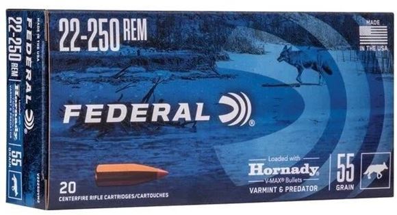 Picture of Federal Varmint & Predator Rifle Ammo - 22-250 Rem, 55Gr, Hornady V-Max , 20rds Box