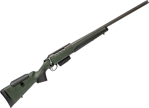 Picture of Tikka T3X Super Varmint Bolt Action Rifle - 6.5 Creedmoor, 23.7'' Heavy Barrel, Stainless Steel Finish, Green Modular Synthetic Stock, Standard Trigger, 5rds, No Sights