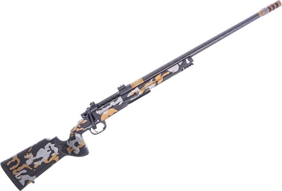 Picture of Snowy Mountain Rifle Model 3600 Alpine Hunter Pro, Bolt Action Rifle - 7mm PRC, 22" Carbon Fiber Barrel 5/8-24'' Threaded, Black With Gold And Silver Camo Manners Pro-Hunt Stock , Snowflake Self Timing Muzzle Brake, Custom Pelican 1750 Case, 3rds