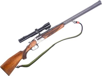 Picture of Used Sauer BBF54 Over-Under Comination Gun, 16Ga/7x57R, 2-3/4", 25.5" Barrel, Blued, Wood Stock, Engraved Receiver, Double Trigger, Zeiss Diavari-Z 1.5-6x42 Riflescope, Leather Sling, Full Choke, Good Condition