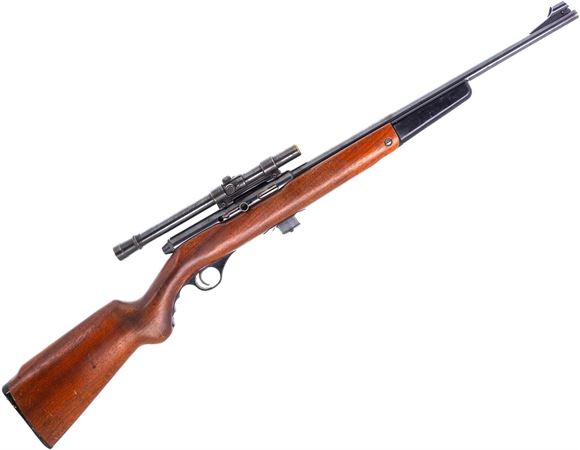 Picture of Used Mossberg 152 Semi-Auto Rifle, 22LR, 18" Barrel, Blued, Wood Stock, Folding Vertiacl Foregrip, Weaver 22 Tip-Off Riflescope, 1 Magazine, Fair Condition