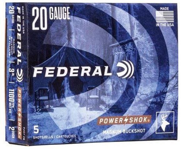 Picture of Federal Power-Shok Shotgun Ammo - 20Ga, 3'', MAG DE, #2 Buck, 18 Pellets, 1100fps, 5rds Box