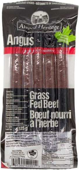 Picture of Atwood Heritage Sausage Snacks - Angus Beef, Hot, 5 Piece Pack, 125 Gram.