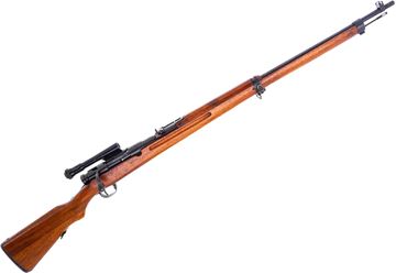 Picture of Used Arisaka Type 97 Bolt-Action Sniper Rifle, 6.5x50 Japanese, 31.4" Barrel, Full Military Wood Stock, 2.5x10 Riflescope, Nagoya Arsenal, Chrysanthmum Intact, Numbers Matching Except Scope, Good Condition