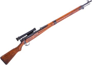 Picture of Used Arisaka Type 99 Bolt-Action Sniper Rifle, Converted To 30-06 Sprg, 25.5" Barrel, Full Military Wood Stock, 4X Riflescope, Nagoya Mfg, Chrysanthemum Crossed out, Numbers Matching Except Scope, Good Condition