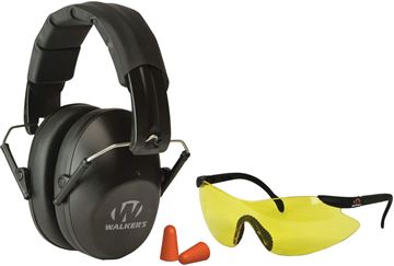 Picture of Walkers Hearing Protection Combo - Pro Low Profile Passive Ear Muffs, NRR22dB, Yellow Sport Glasses, 1 Pair Of Foam Plugs.