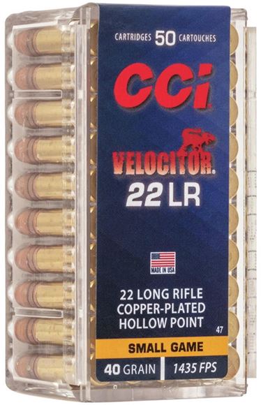 Picture of CCI Small Game Rimfire Ammo - Velocitor 22 LR, 40Gr, Copper-Plated HP, 50rds Box, 1435fps