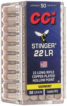 Picture of CCI 0050 Stinger Rimfire Ammo 22 LR CPHP, 32 Grains, 1640 fps, 50 Rounds, Boxed