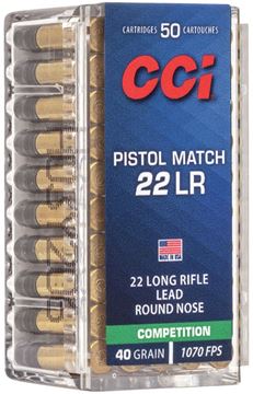 Picture of CCI 0051 Pistol Match Rimfire Ammo 22 LR, LRN, 40 Grains, 1070 fps, 50 Rounds, Boxed