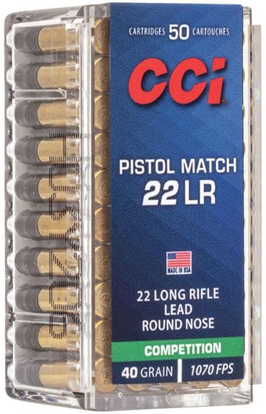 Picture of CCI 0051 Pistol Match Rimfire Ammo 22 LR, LRN, 40 Grains, 1070 fps, 50 Rounds, Boxed