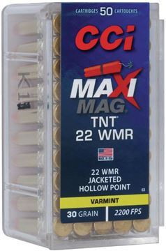 Picture of CCI 0063 Maxi Mag TNT Rimfire Ammo 22 WIN MAG, TNT JHP, 30 Grains 2200 fps, 50 Rounds, Boxed