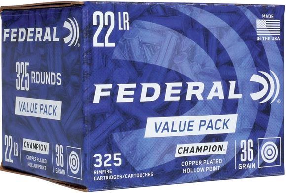 Picture of Federal Champion Rimfire Ammo - 22 LR, 36Gr, Copper-Plated Hollow Point, 325rds Value Pack, 1260fps