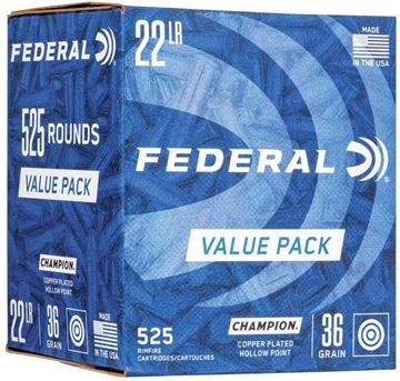 Picture of Federal Champion Rimfire Ammo - 22 LR, 36Gr, Copper-Plated Hollow Point, 525rds Value Pack, 1260fps