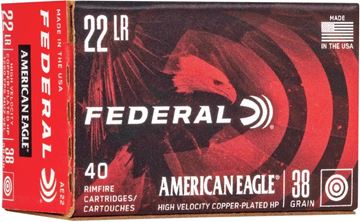 Picture of Federal AE 22 American Eagle Rimfire Rifle Ammo 22 LR, Copper Plated HP, 38 Grains, 1260 fps, 40 Rounds, Boxed