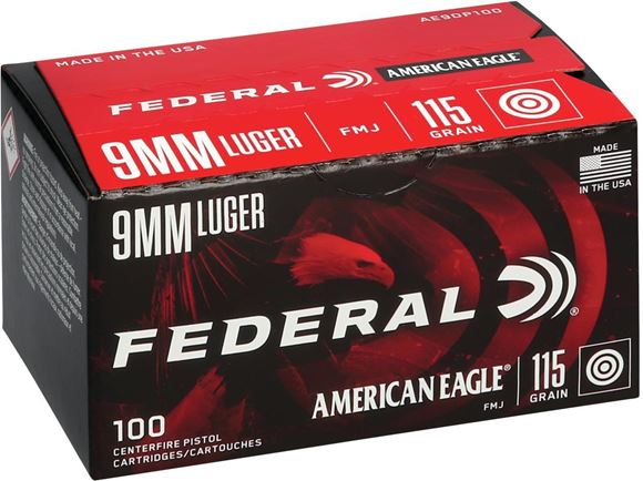 Picture of Federal AE9DP100 American Eagle Pistol Ammo 9mm Luger 115Gr 100Rnd FMJ