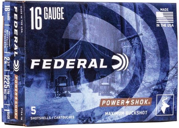 Picture of Federal Power-Shok Shotgun Ammo - 16Ga, 2-3/4'', MAX DE, #1 Buck, 12 Pellets, 1225fps, 5rds Box