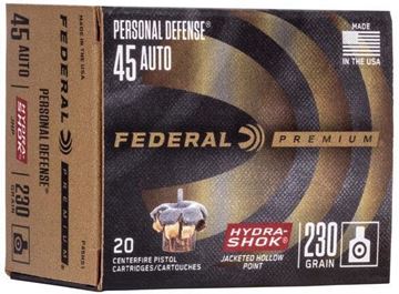 Picture of Federal P45HS1 Premium Personal Defense Pistol Ammo 45 ACP Hydra-Shok JHP, 230 Gr, 900 fps, 20 Rnd, Boxed