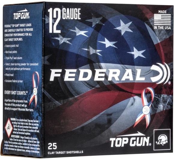 Picture of Federal TGL12US 8 Top Gun Target Shotshell 12 GA, 2-3/4 in, No. 8 1-1/8oz, 2-3/4 Dr, 1145 fps, Red/White/Blue Hull, 25 Rnd per Box