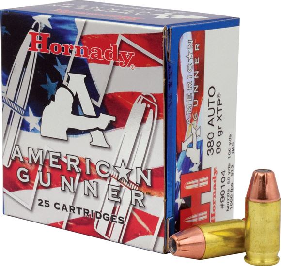 Picture of Hornady 90104 American Gunner Pistol Ammo 380 ACP, XTP, 90 Gr 1000 fps, 25 Rnd, Boxed