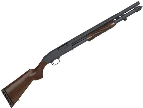 Picture of Mossberg 590 Retrograde Pump Action Shotgun - 12Ga, 3", 20", Barrel w/ Heat Shield, Parkerized, Walnut Stock, 9 rds, Bead Sight, Fixed Cylinder