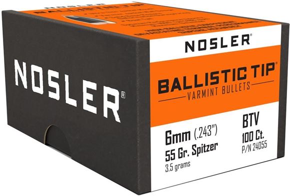 Picture of Nosler 24055 Rifle Bullets 6mm 55Gr Ballistic Tip Varmit Spitzer/Purple Tip .243 100Bx