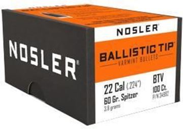 Picture of Nosler 34992 Rifle Bullets 22 Cal 60gr Ballistic Tip Varmint Spitzer/Orange Tip 100 bx