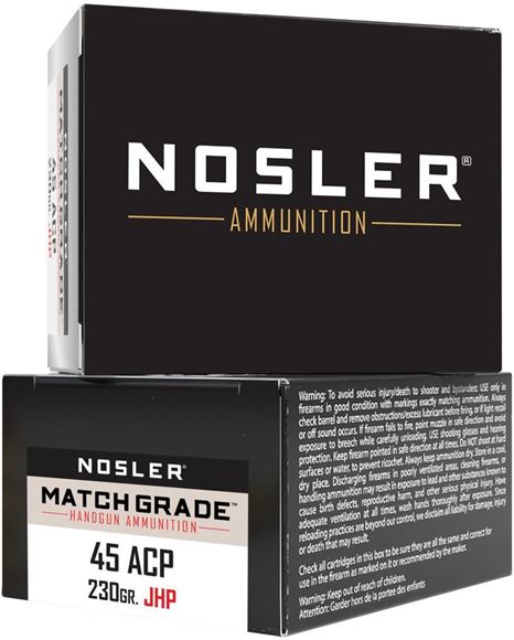 Picture of Nosler 51277 Match Grade Handgun Ammo 45 ACP, JHP, 230 Gr, 850 fps 20 Rnd, Boxed