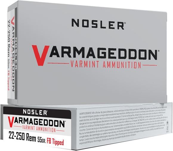 Picture of Nosler 65155 Varmageddon Rifle Ammo 22-250 REM, FB Tipped, 55 Grains 3550 fps, 20, Boxed