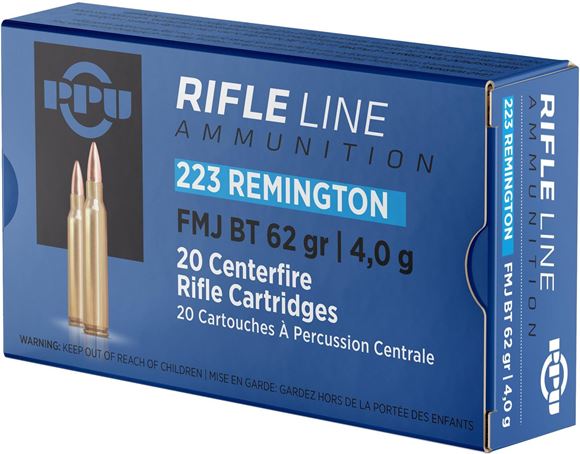 Picture of PPU PP223F2 Rifle Ammo 223 Rem, FMJ BT, 62 Gr, 20 Rnd