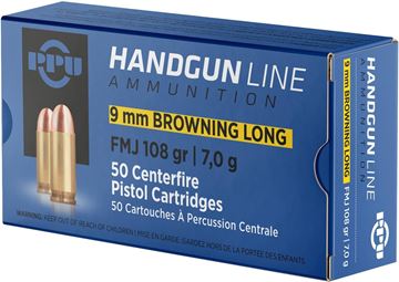 Picture of PPU PPH9BL Pistol Ammo 9mm Browning Long, FMJ, 108gr  50 Rnds