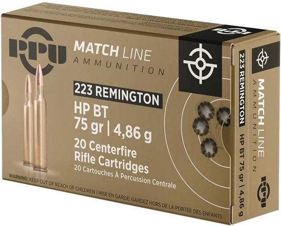 Picture of PPU PPM2232 Match Rifle Ammo 223 REM, HP BT, 75Gr, 20 Rnds