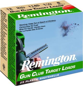 Picture of Remington Target Loads, Gun Club Target Loads Shotgun Ammo - 12Ga, 2-3/4", 3 DE, 1-1/8oz, #8, 25rds Box, 1200fps