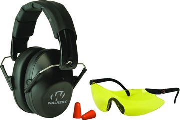 Picture of Walkers Hearing Protection Combo - Pro Low Profile Passive Ear Muffs, NRR22dB, Yellow Sport Glasses, 1 Pair Of Foam Plugs.