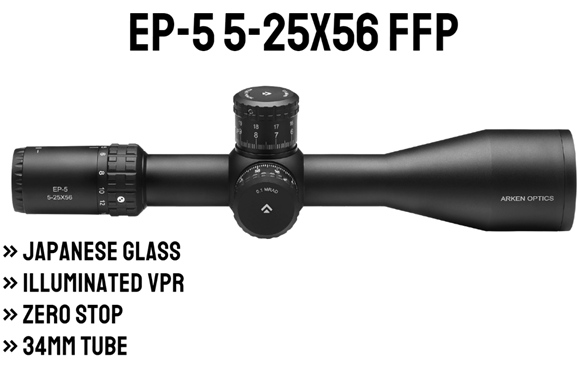 Picture of Arken Optics, EP-5 Riflescope, 5-25x56mm, FFP, Illuminated VPR-6 Reticle, 34mm Tube, .1 Mil Adjustments, Arken Zero Stop